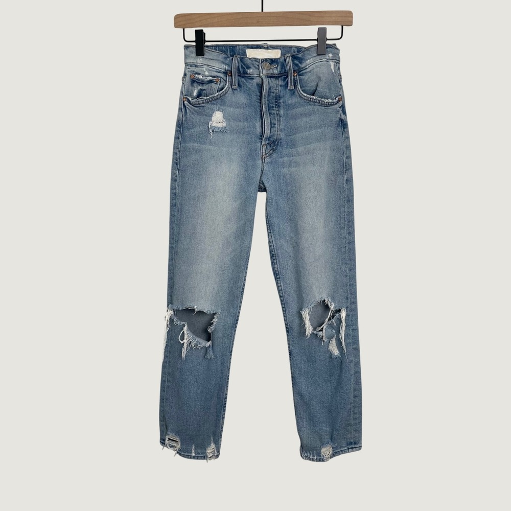 Mother The Tomcat Jeans Women 24 Blue Distressed High Rise Straight Confession